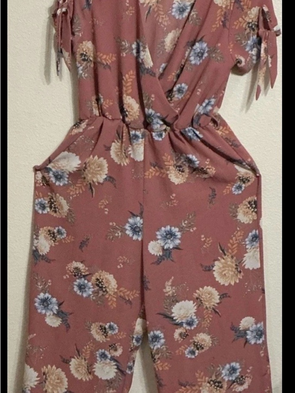 Dusty Rose Floral Jumpsuit with Tie Sleeves